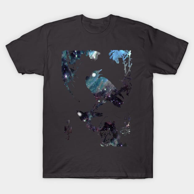 Elegant Japanese brush painting: starlings on a branch singing galaxy silhouette T-Shirt by Blacklinesw9